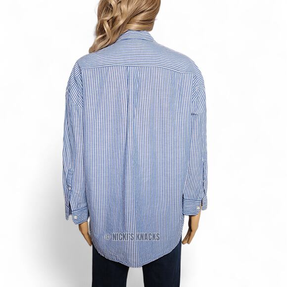 GAP Blue White Striped Linen Blend Oversized Button Down Big Shirt Top Size S - Picture 4 of 9